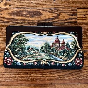 Modern Vintage Tapestry Clutch with Brown Frame